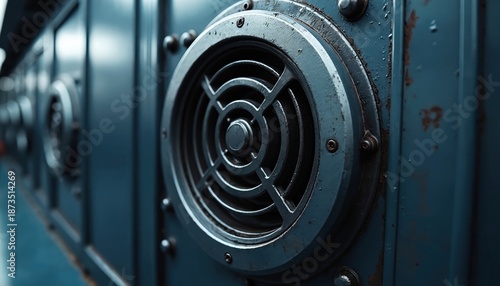 Close up of circular air vent grille. Metal structure offers air circulation. Ventilation system installed on ship. Marine air conditioning unit ensures air quality. Industrial fan cools boat engine.