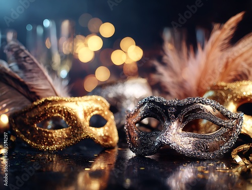 Elegant gold and silver glitter masquerade masks with feathers on a dark reflective surface. Symbolizing mystery, luxury celebration, and the allure of the unknown.