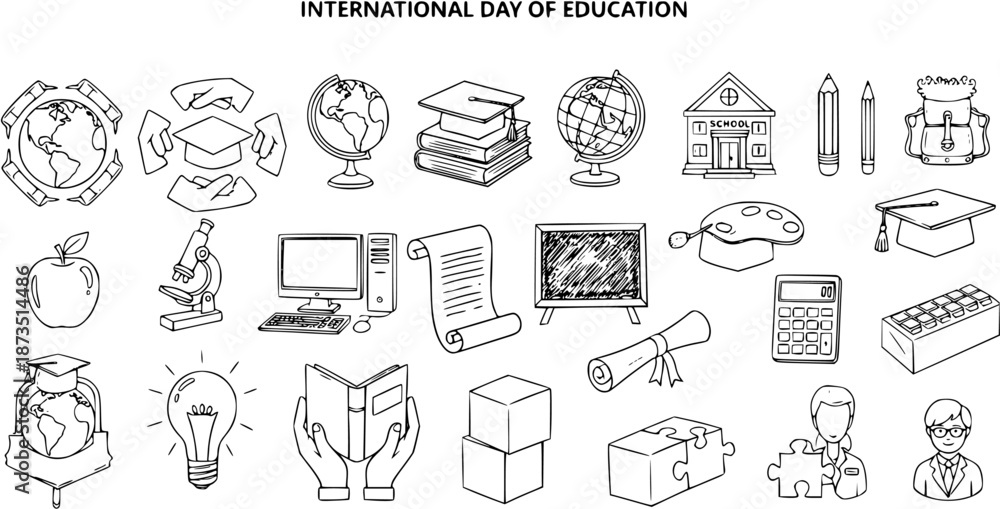 Obraz premium International Day of Education black and white line art icons: globes, books, graduation caps, school supplies, computer, microscope, apple, chalkboard, art palette