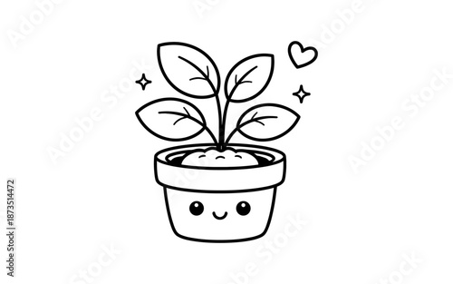 Cute potted plant with a happy face and sparkling leaves, kawaii style