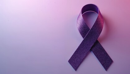 Purple awareness ribbon on gradient background. Symbol of support for domestic violence victims. Concept for October Domestic Violence Awareness Month campaign. Copy space for text