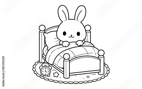 Cute cartoon bunny in bed with alarm clock, ready for sleep or waking up