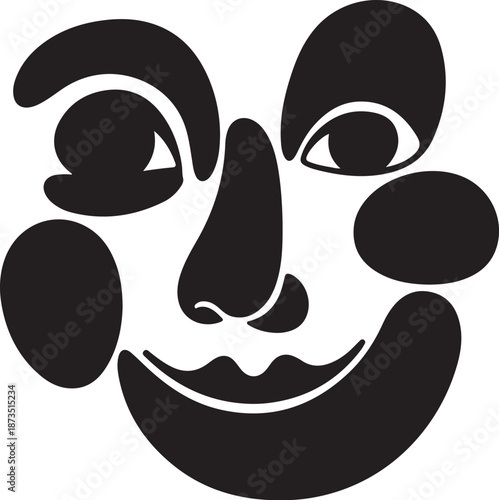 Black and white cartoon face with exaggerated features smiling