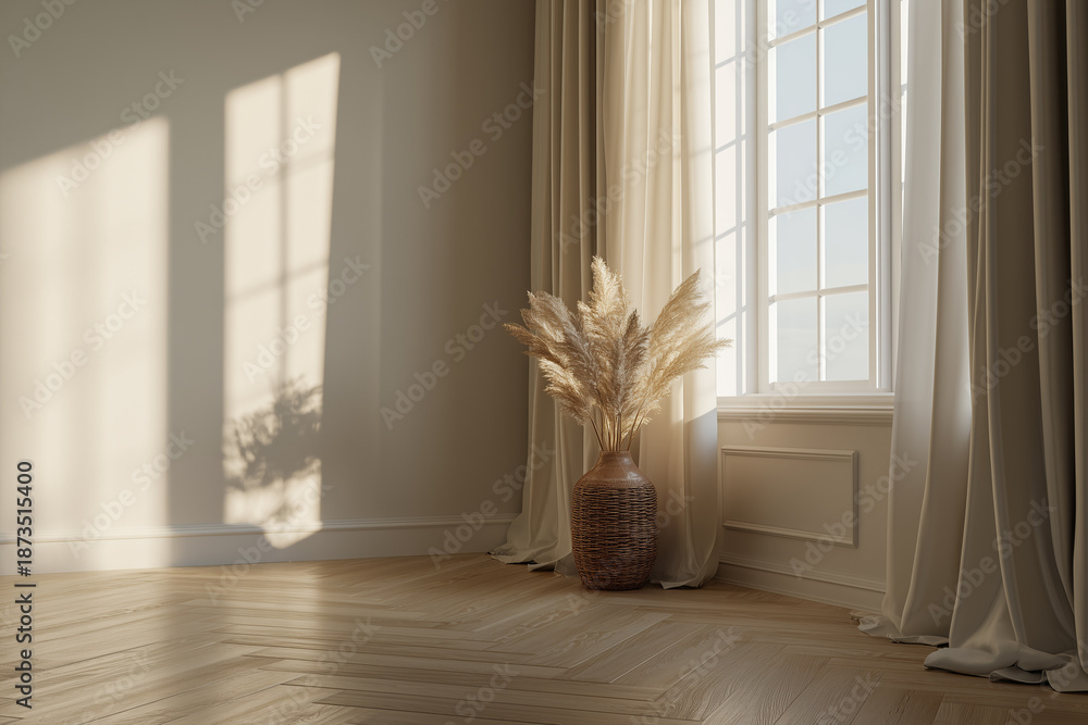 Fototapeta premium empty room corner, Stylish vase containing dried pampas grass next to a window with soft natural light