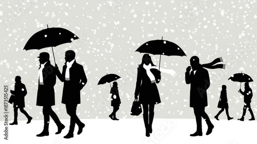 People walking in the rain with umbrellas in a city street scene on a gray background with snowfall with silhouette and rainy day with men