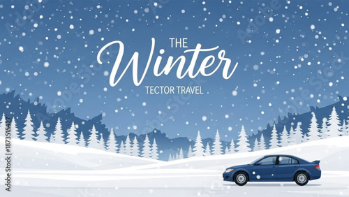 A dark blue car drives through a snowy winter landscape with pine trees and snowfall with travel and vehicle and road with transportation