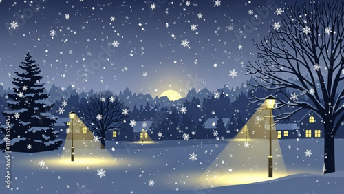 Snowy village scene at night with street lamps and snowfall on a winter evening landscape with illuminated and cold and rural with town