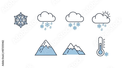 Weather icons with snowflakes clouds mountains and thermometer on white background for forecasting and climate concepts with meteorology