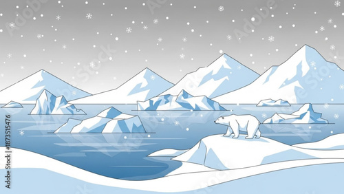 A polar bear stands on a snowy iceberg in a serene arctic landscape with snow capped mountains and icebergs floating in the icy with cold