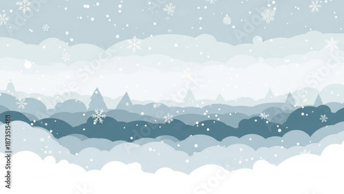 Snowflakes fall gently over a serene winter landscape with rolling hills and clouds with peaceful and cold and weather and nature with icon