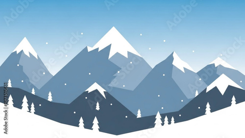 Snowy mountain range with pine trees under snowfall against clear blue sky in winter landscape scene with snow capped peaks with stylized