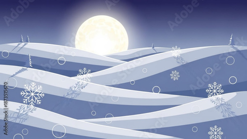 Snowy landscape with moonlight shining down on rolling hills and snowflakes falling gently with winter scene and serene and peaceful