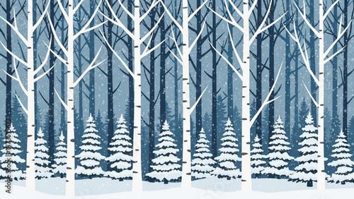 Snowy forest landscape with white birch trees and snow covered pine trees in a serene winter scene with a misty blue background with nature