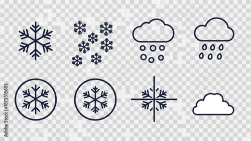 A collection of black and white snowflake icons with rain clouds on a transparent background for winter weather forecasting with icon set