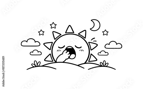 Cute sun character yawning and stretching its arm in a simple line drawing style