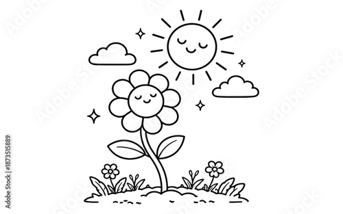 Cute cartoon flower and sun smiling under clouds and stars