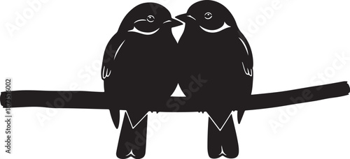 Two black birds sitting on a branch together peacefully