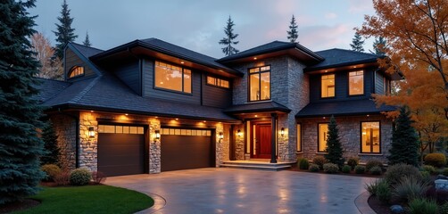 Luxurious modern house exterior at dusk. Stone, siding facade with double garage offers elegant curb appeal. Illuminated entrance glows. Landscaping frames beautiful home creating inviting