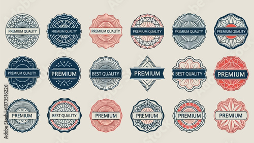 Vector illustration of premium quality labels and badges in various shapes and colors with branding and product