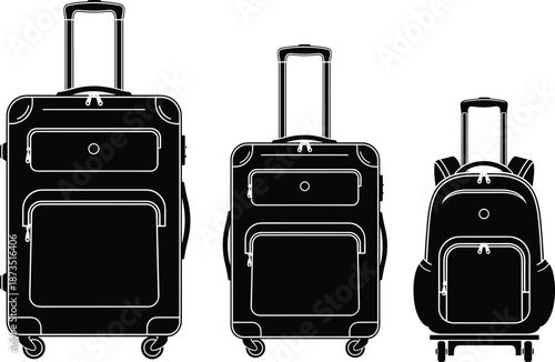 Travel luggage set vector illustration with wheeled suitcases and rolling backpack, black silhouette icons for airport, vacation, business trip design