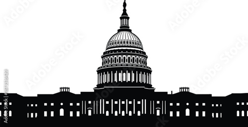 United States Capitol building vector illustration, black silhouette landmark icon for government, democracy, politics, Washington DC architecture, civic institutions design