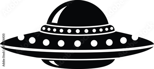 UFO flying saucer vector illustration, black silhouette alien spacecraft icon for science fiction, extraterrestrial technology, space mystery design, concept art poster