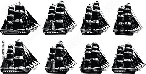 Vintage sailing ships vector illustration set, tall wooden vessels in black silhouette for maritime history, nautical design, pirate, ocean travel themes