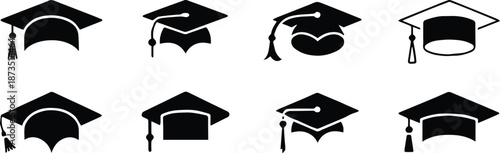 graduation caps icons set eight mortarboard headwear illustrations