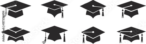 graduation caps set eight mortarboard icons with tassels