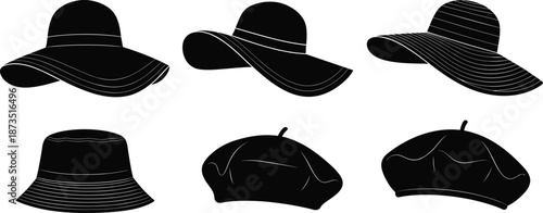 Women's fashion hats vector illustration set with wide brim hat and beret styles, black silhouette icons for apparel, accessories, style design