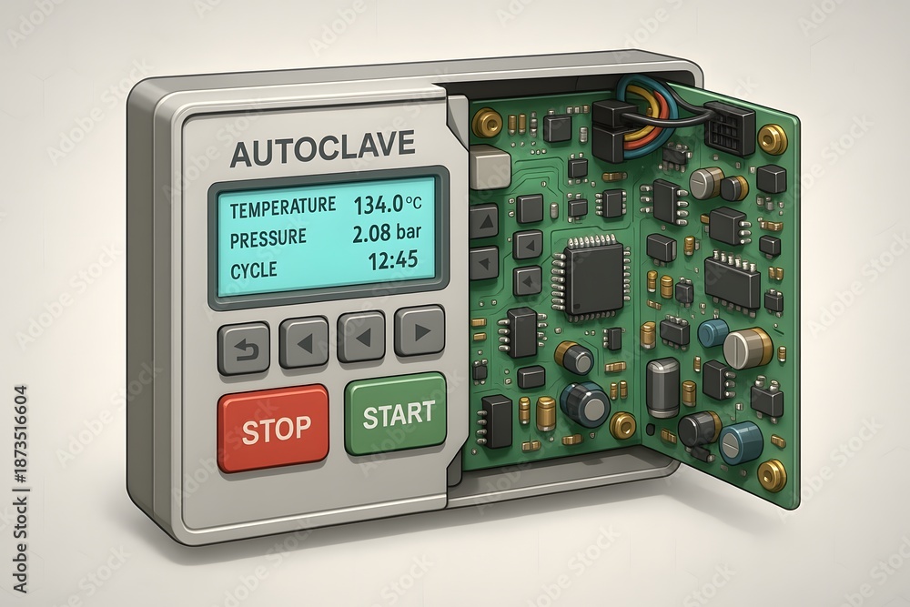 Fototapeta premium Autoclave Control Panel with Digital Display, Internal Circuit Board, Medical Sterilization Equipment Interface Showing Temperature, Pressure, Cycle Time, Industrial Electronics
