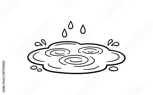 Simple black and white illustration of raindrops falling into a puddle