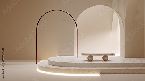 Beige Minimalist Interior Display Stage With Arch And Marble Platform