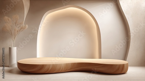 Wooden Display Platform In Beige Interior