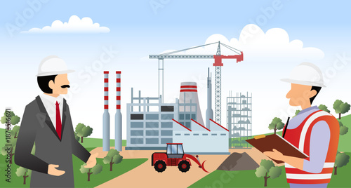 Investors and construction supervisors inspect the factory development project vector illustration, “Business investment and industrial construction concept