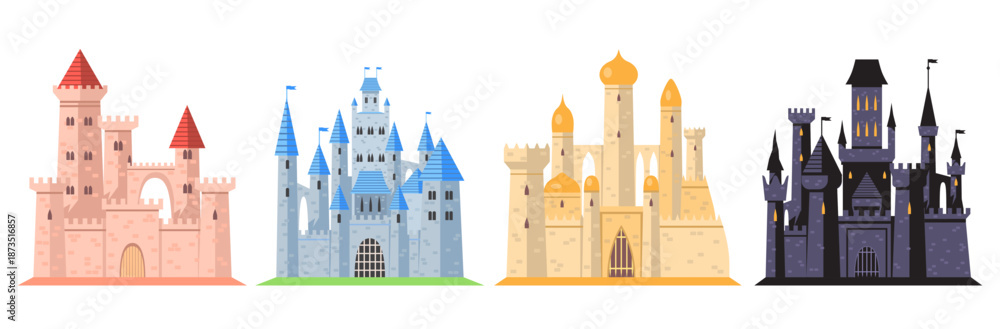 Fototapeta premium Set of different fairytale castles. Fantasy architecture of royal, witch and sultan castles with high walls and towers. Medieval ancient buildings. Flat vector illustrations isolated on background