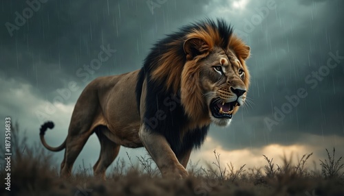 Majestic male lion walks forward in rain under dark stormy clouds. Intense predator with thick mane shows teeth, ready for action. Wild animal prowls across dry grass in African savanna.