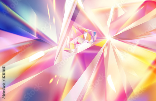 Glowing Crystal Background. Mystical and Abstract Banner with Shining Light and Sparkling Rays of Pink Gemstone. Luminous diamond and precious stone. Realistic vector illustration