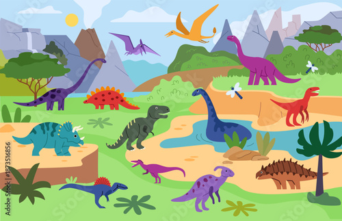 Dinosaur landscape. Beautiful prehistoric scenery with mountains, forest, ancient plants and animals. Detailed environment with Pterodactyl, Stegosaurus and Brachiosaurus. Flat vector illustration