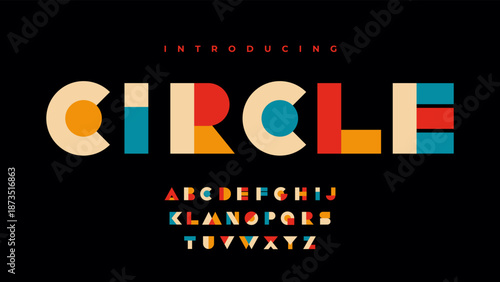 Colorful geometric font. Modern creative typeface with English alphabet letters. Typography set with letters made from circles, rectangles, and triangles. Flat vector collection isolated on background