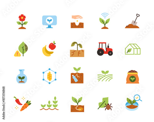 Set of agriculture icons. Colorful signs with seedlings, grain crops fields, farm tractor, vegetables and irrigation system. Flat vector illustration collection isolated on background