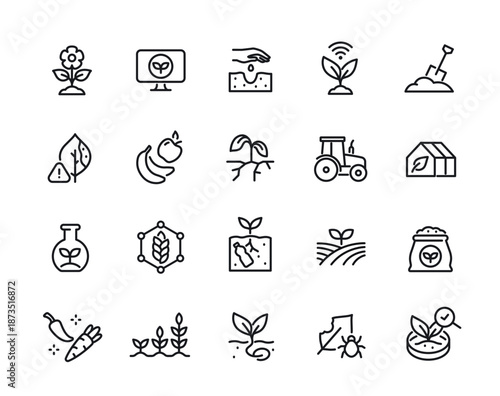 Set of line art agriculture icons. Simple symbols with seedling, grain crops fields, farm tractor and irrigation system. Editable stroke. Outline vector illustration collection isolated on background