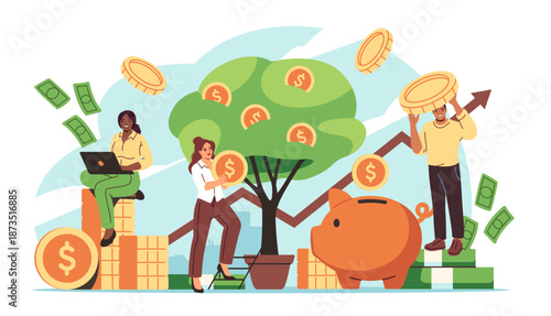 Concept of investing money. Men and women entrepreneurs manage finances and personal budgets to increase capital and wealth. Rich businessmen and traders. Financial literacy. Flat vector illustration