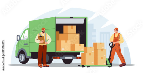 Shipping, distribution and delivery. Logistics service workers loading boxes onto truck. Export and import of cargo, parcels and orders. Freight transportation. Flat vector illustration