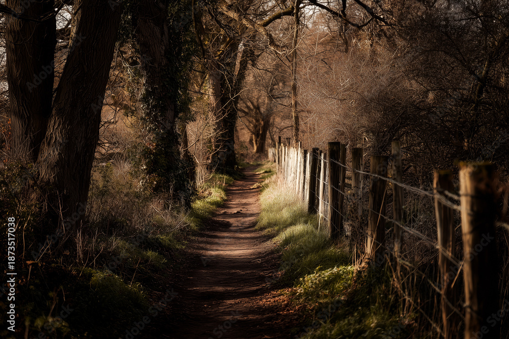 Obraz premium Scenic dirt path lined with trees and a fence in a tranquil forest setting