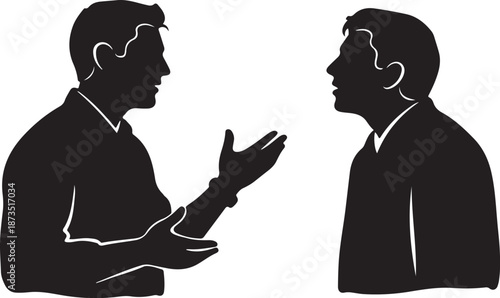Two men talking in black silhouette illustration style