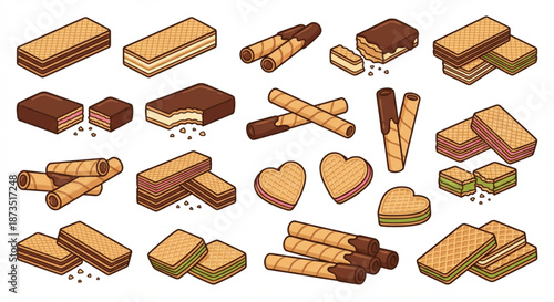A collection of various sweet wafer snacks and cookies, presented in a delightful assortment
