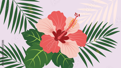 An abstract floral composition featuring geometric shapes and tropical leaves on a pastel background from a direct viewpoint.