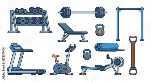 A diverse collection of essential gym equipment icons, showcasing various tools for comprehensive fitness workouts, strength training, and maintaining a healthy lifestyle