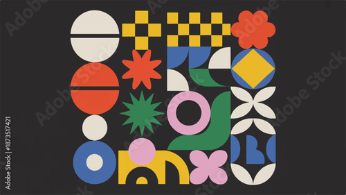 A vibrant mid-century modern botanical collage featuring plants, flowers, and leaves in a colorful arrangement viewed from directly above